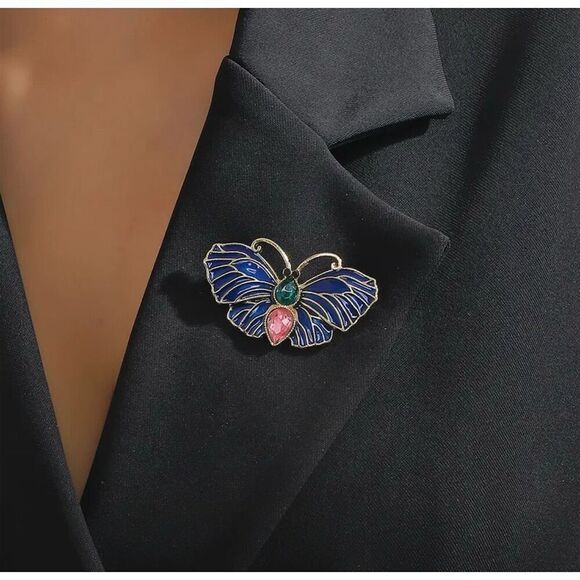 Small Dainty Blue Butterfly Brooch with Green & Pink Rhinestones Whimsical - Picture 3 of 11